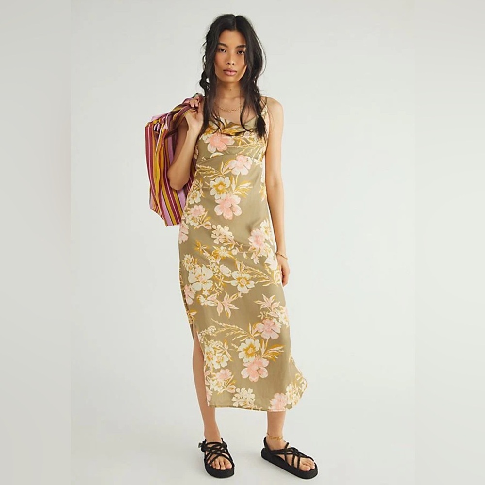 Free People Ella Floral Satin Slip Midi Dress Green Cowl Neck Size 2